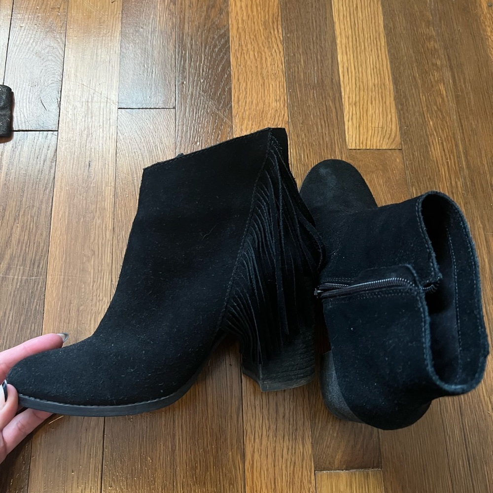 Black leather fringe booties
